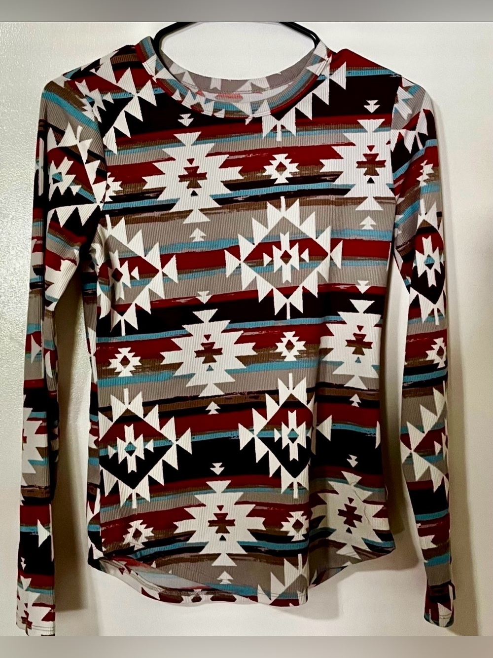No Boundaries Long Sleeve Aztec Print Top in Burgundy, Teal, White, Brown